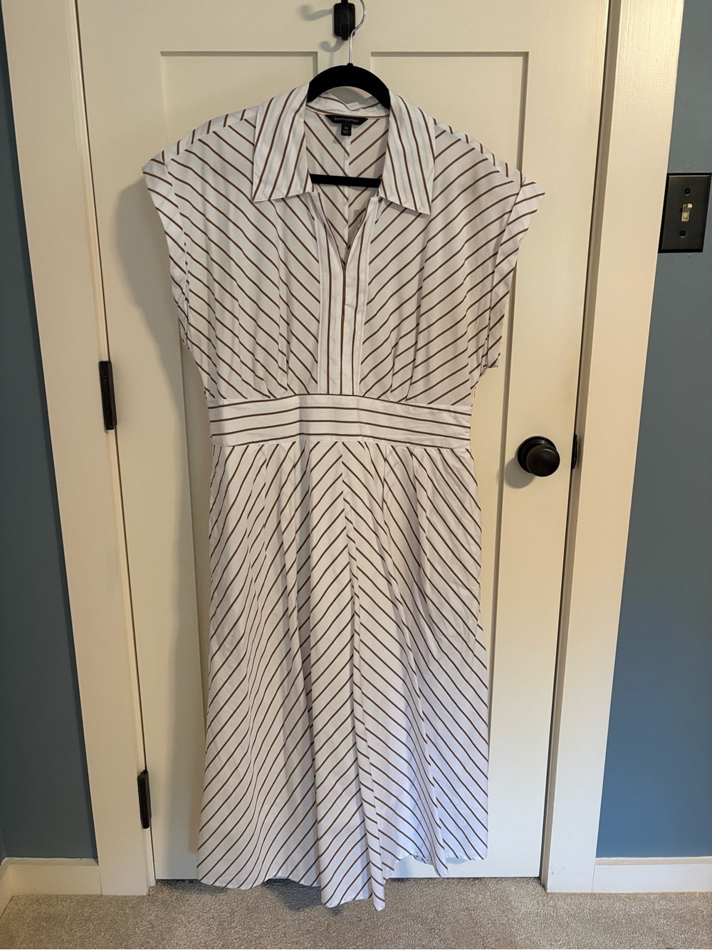 Banana Republic Factory White Midi Dress with Brown Diagonal Stripes